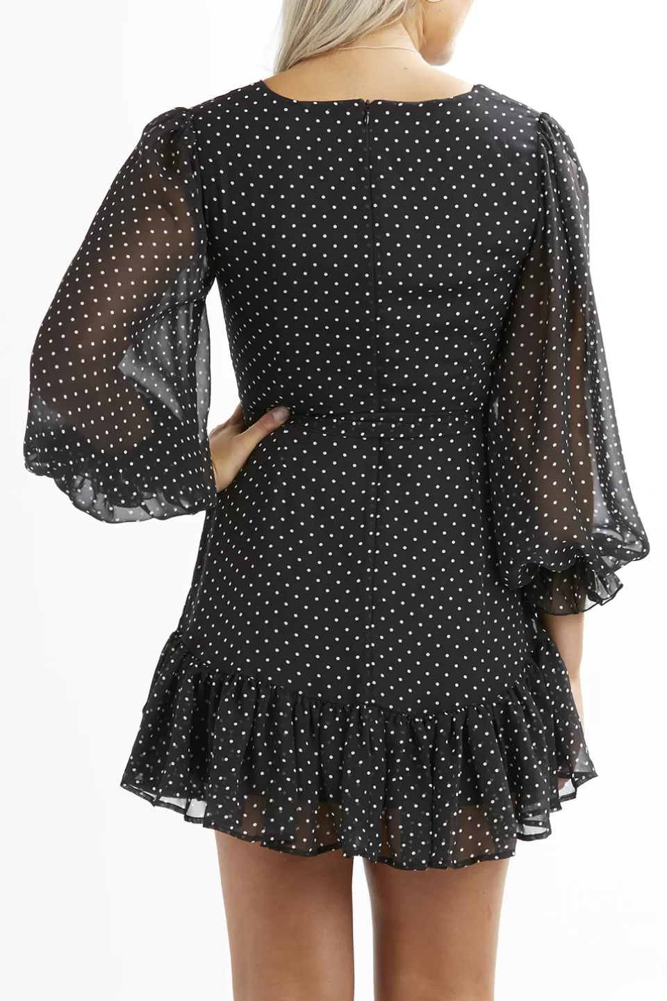 Cleo Black Spot Georgette LS Dress