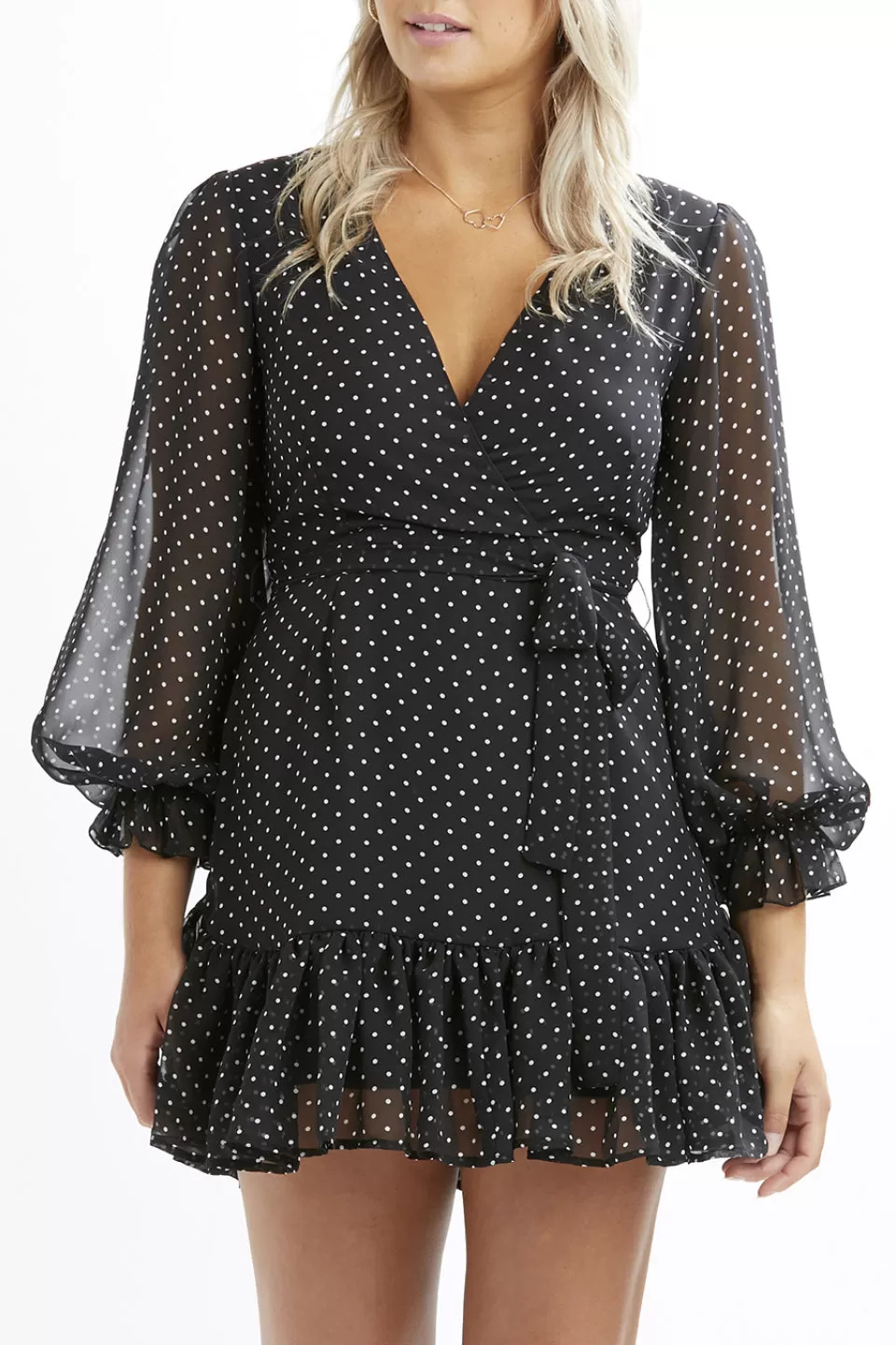 Cleo Black Spot Georgette LS Dress