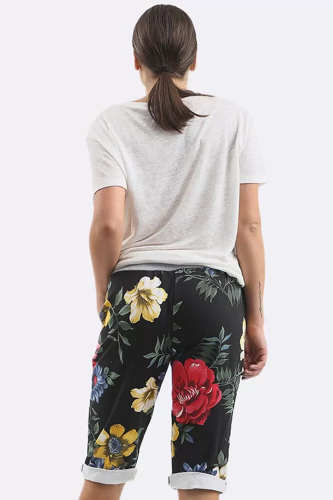 Cotton Big Rose Print 3/4 Drawstring Trouser