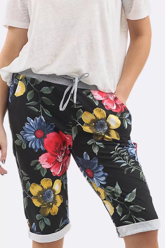 Cotton Big Rose Print 3/4 Drawstring Trouser