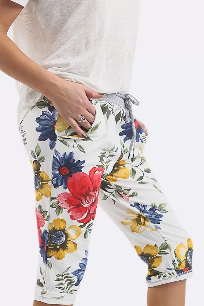 Cotton Big Rose Print 3/4 Drawstring Trouser