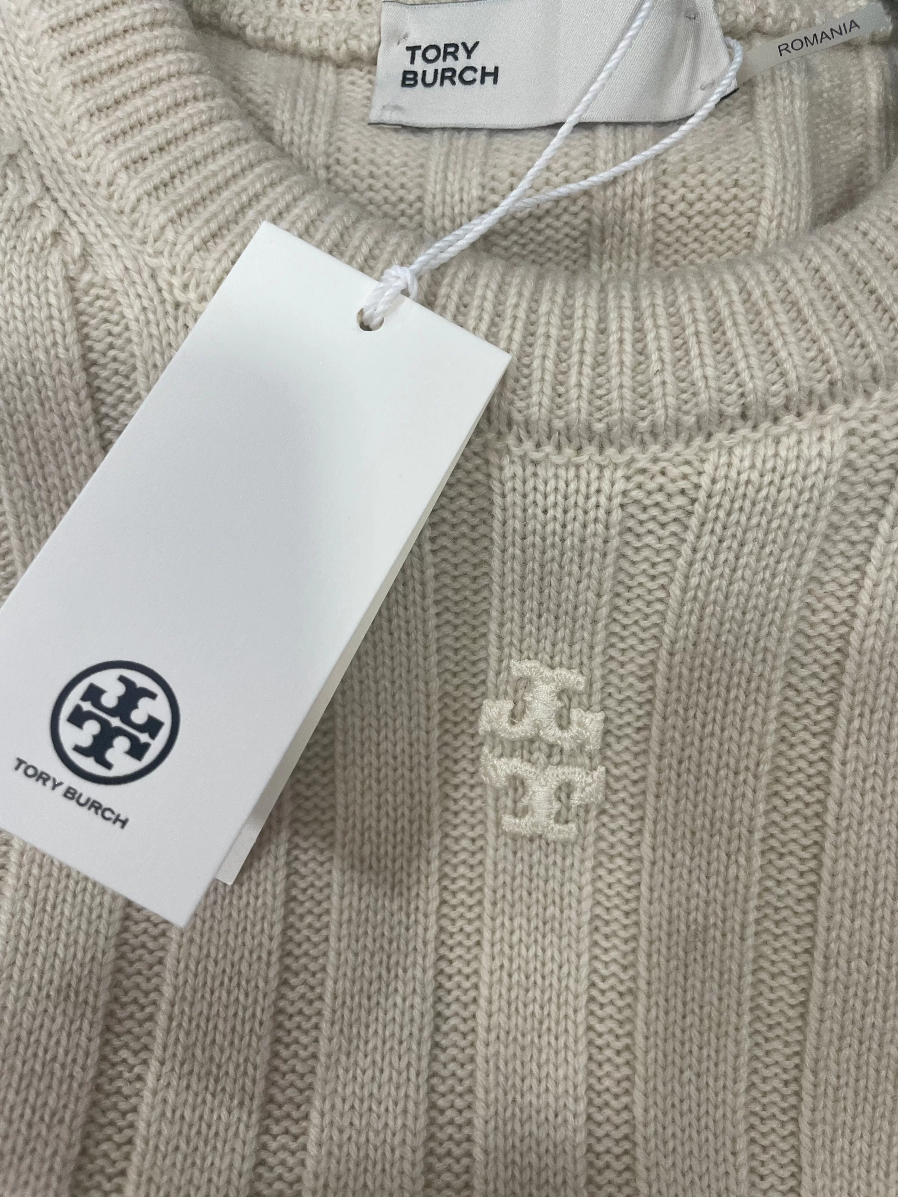 Cream Tory Burch Cashmere Logo Crewneck In Fresh Ivory UK M