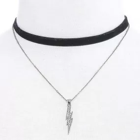 Crystal Lightening Bolt Silver Chain and Black Layered Choker