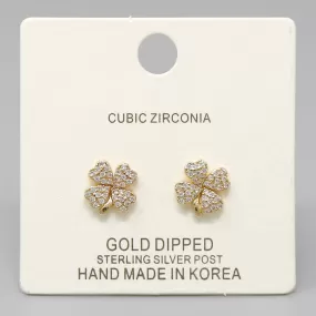 CZ Pave Clover Shape Gold Dipped Stud Earrings