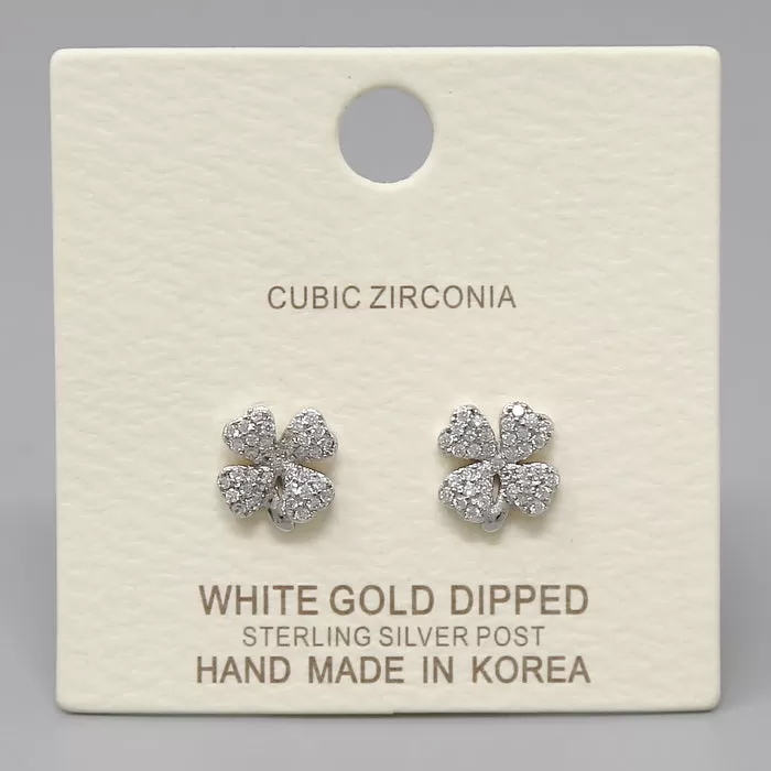 CZ Pave Clover Shape Gold Dipped Stud Earrings