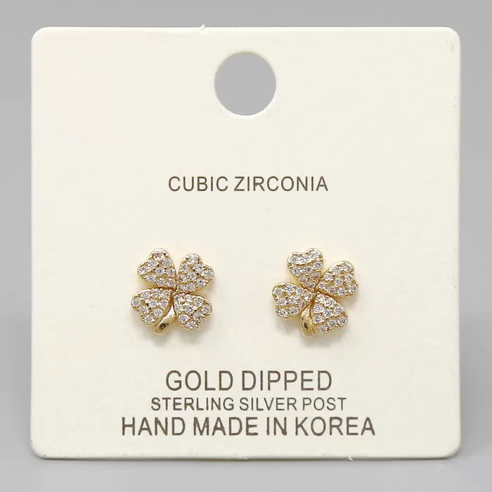 CZ Pave Clover Shape Gold Dipped Stud Earrings