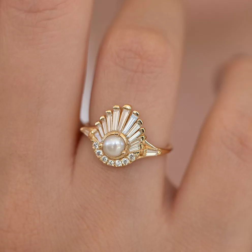 Diamond and Pearl Engagement Ring - Baguette Diamond Shell Ring