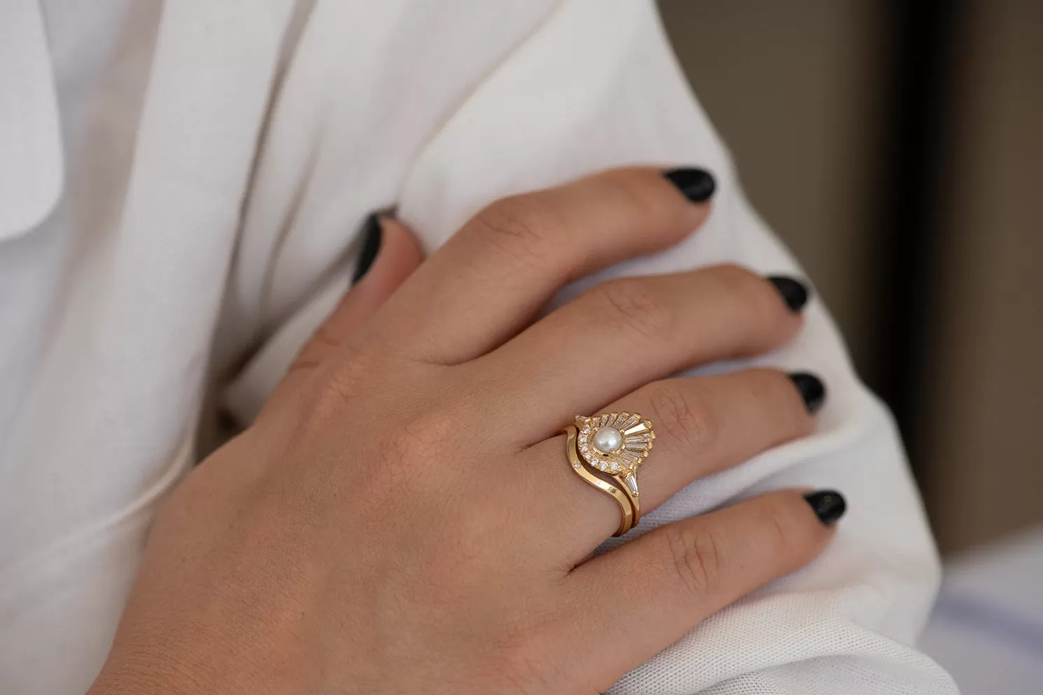 Diamond and Pearl Engagement Ring - Baguette Diamond Shell Ring