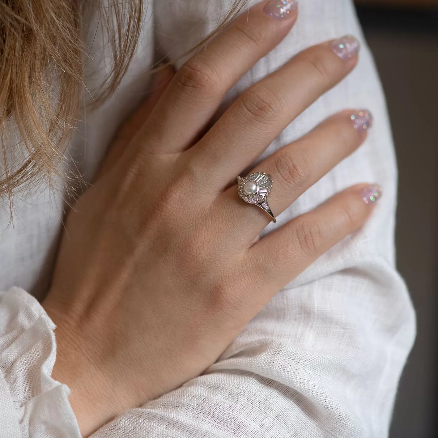 Diamond and Pearl Engagement Ring - Baguette Diamond Shell Ring