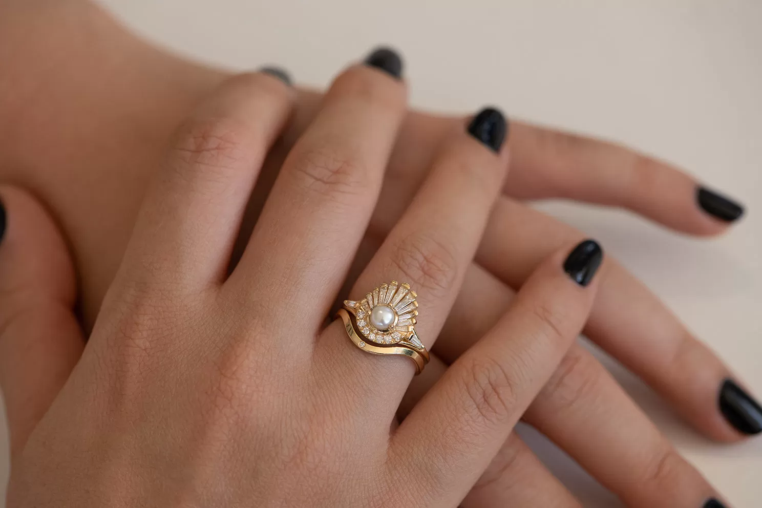 Diamond and Pearl Engagement Ring - Baguette Diamond Shell Ring