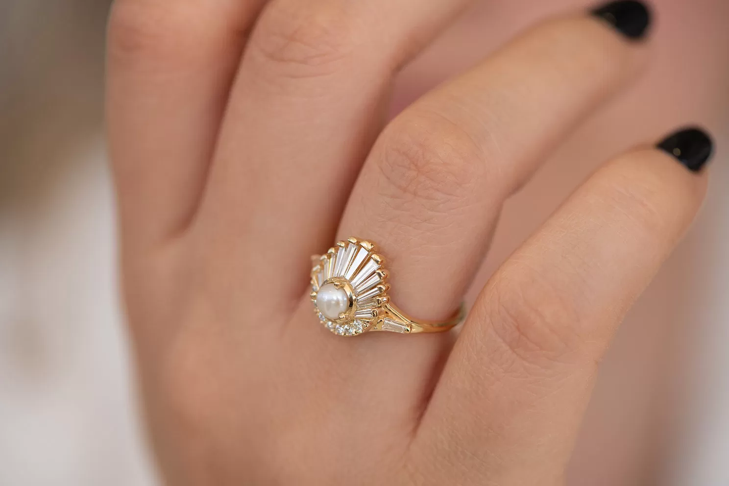 Diamond and Pearl Engagement Ring - Baguette Diamond Shell Ring