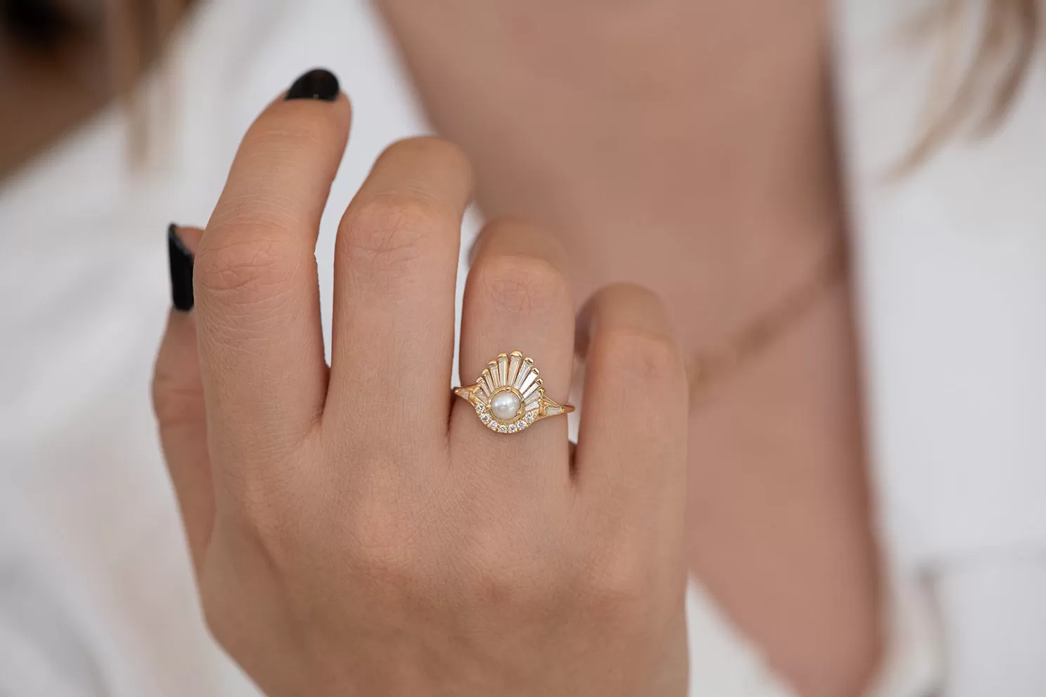 Diamond and Pearl Engagement Ring - Baguette Diamond Shell Ring