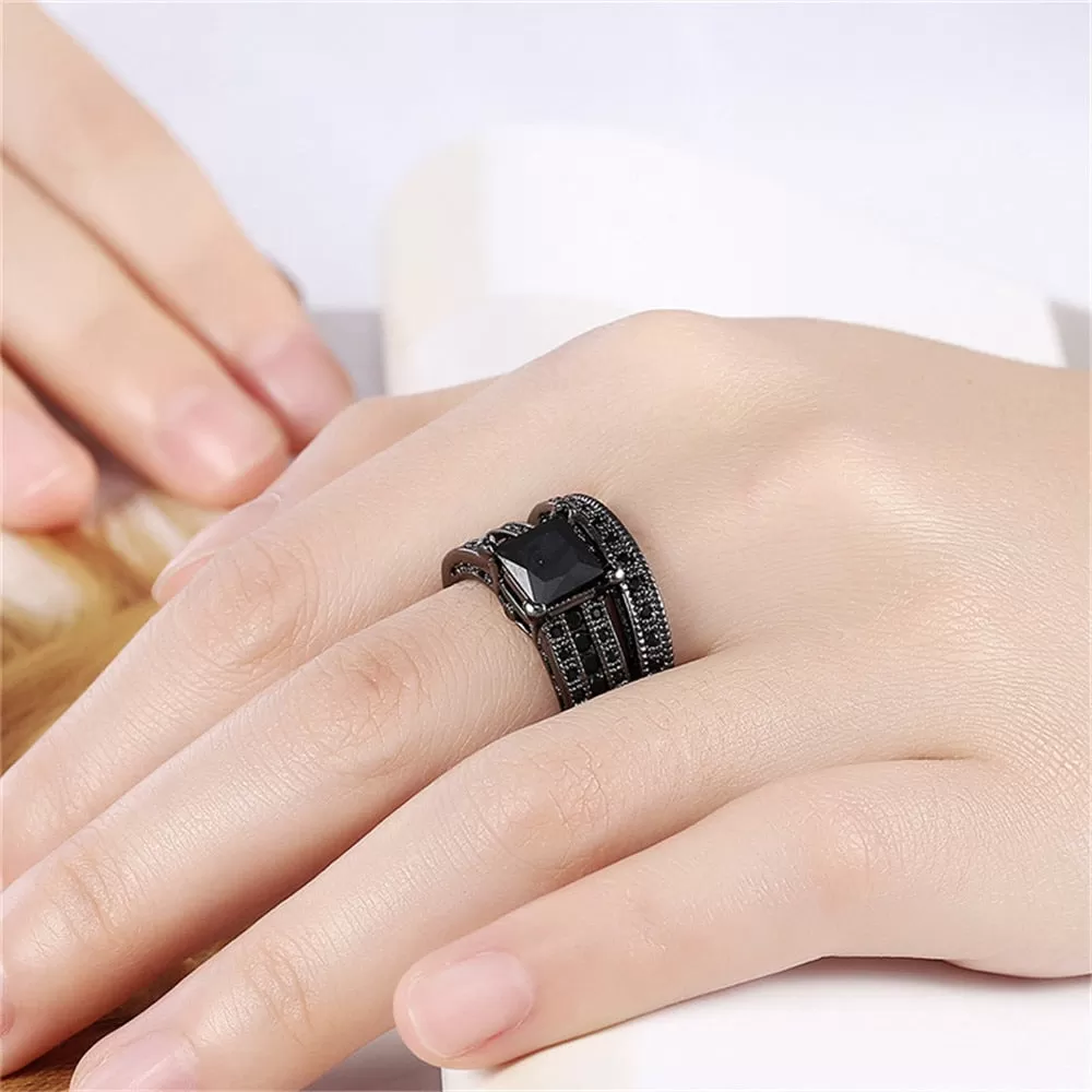 Double Row and Black Cubic Zirconia 316L Stainless Steel Wedding Ring Set