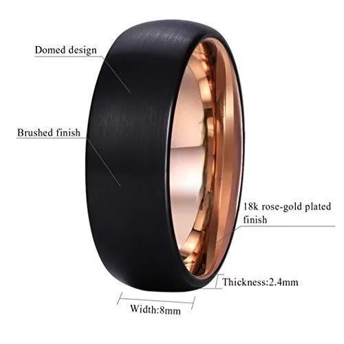 DUO 8mm Women Men Black Tungsten Carbide Ring Matte Brushed Finish Dome 18K Rose Gold Plated Comfort Fit Wedding Band