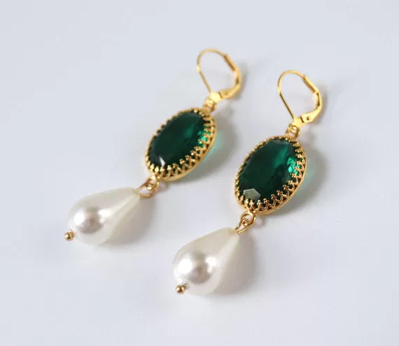 Emerald and Pearl Crown Earrings