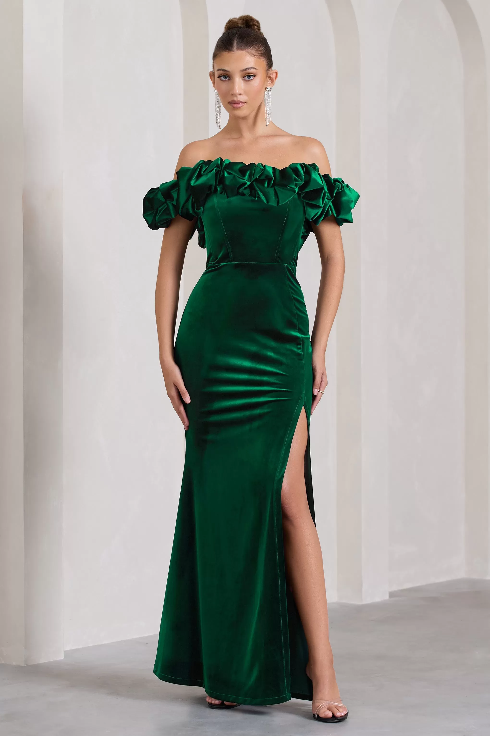 Esmeralda | Bottle Green Velvet Structured Ruffled Bardot Maxi Dress