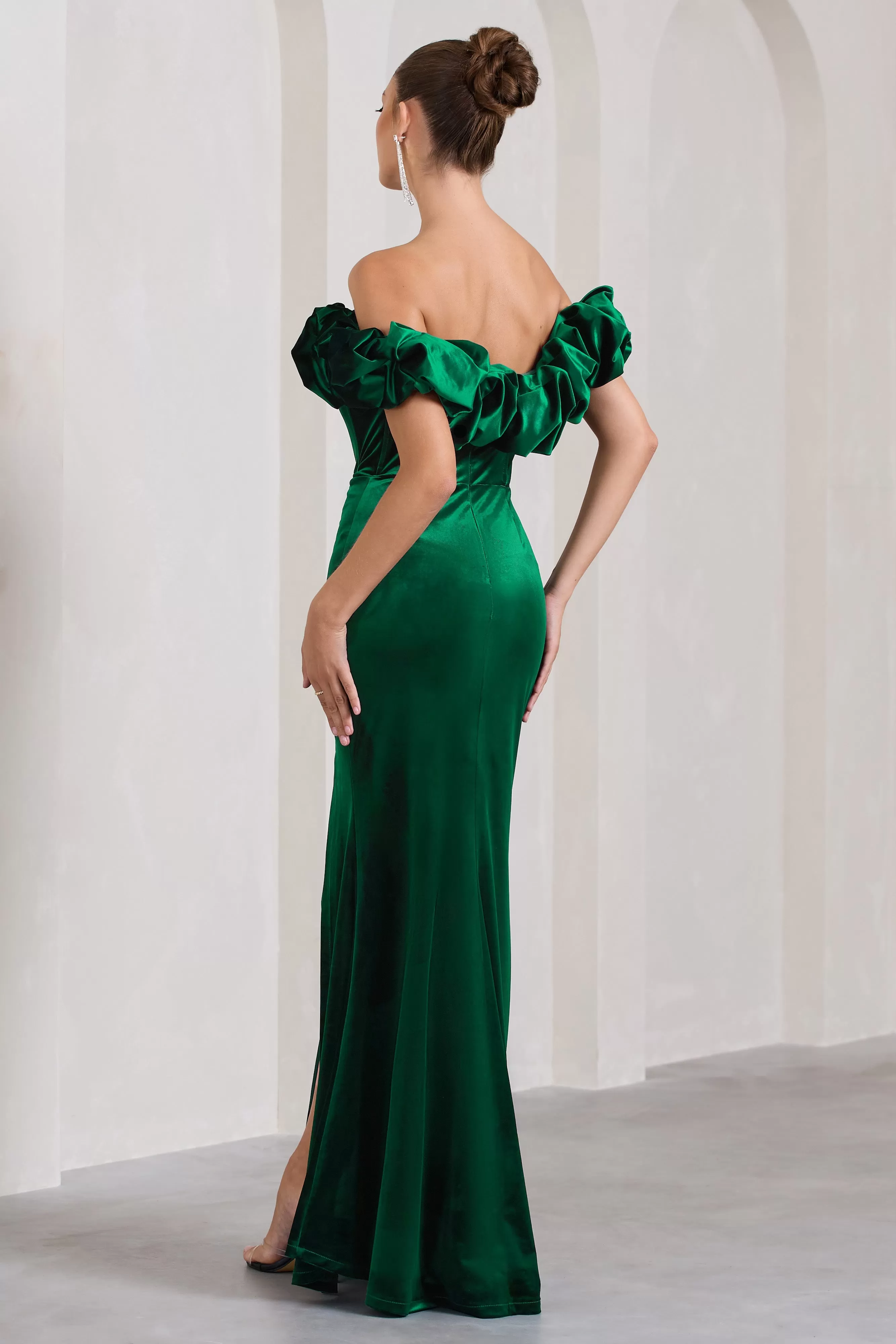 Esmeralda | Bottle Green Velvet Structured Ruffled Bardot Maxi Dress