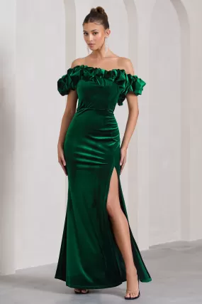 Esmeralda | Bottle Green Velvet Structured Ruffled Bardot Maxi Dress