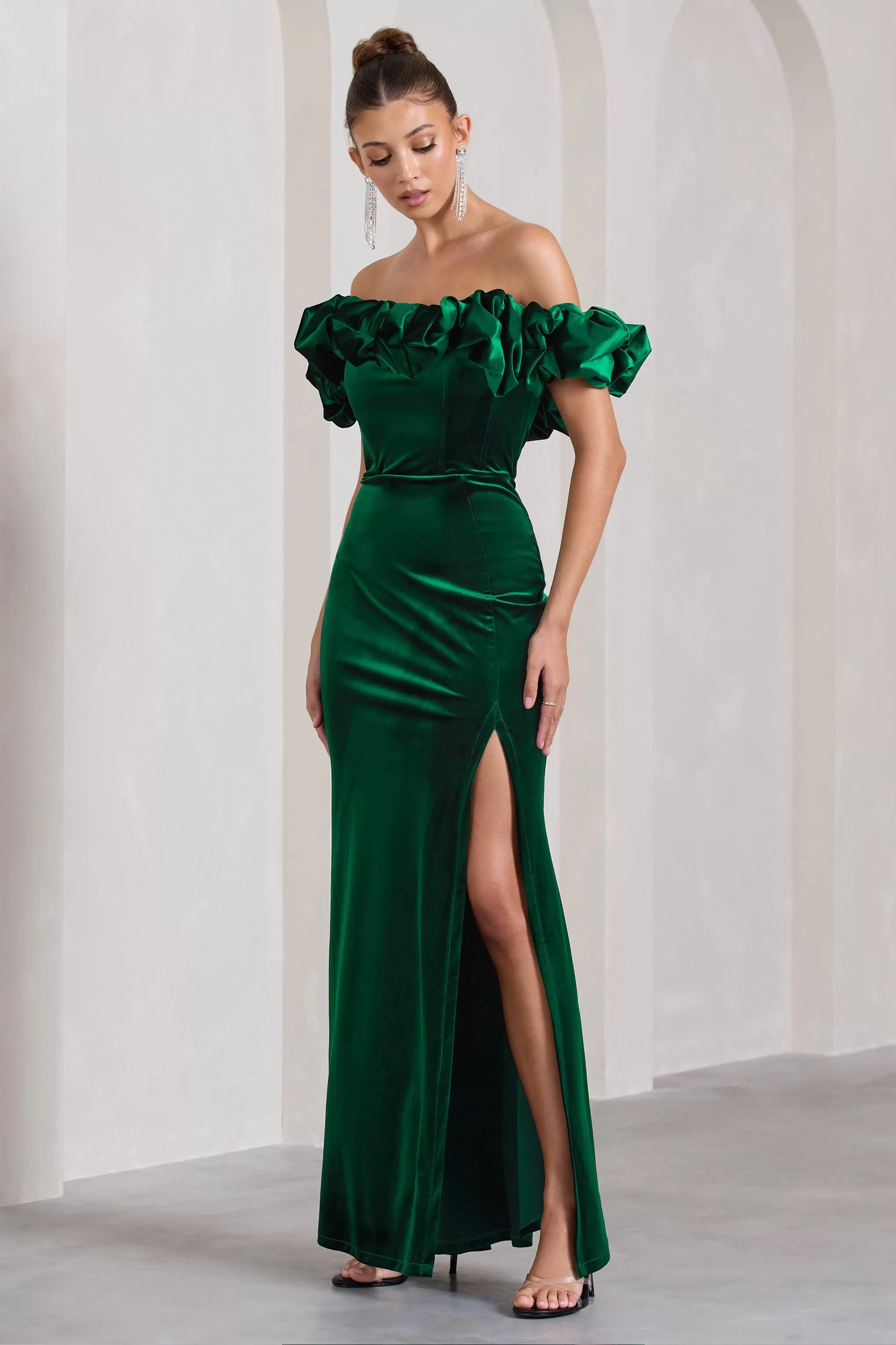 Esmeralda | Bottle Green Velvet Structured Ruffled Bardot Maxi Dress