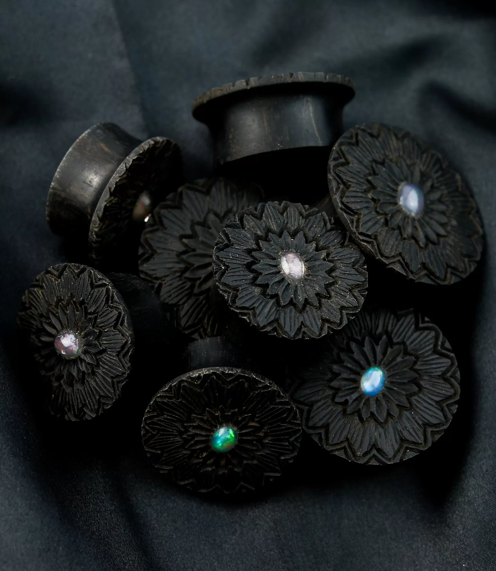 Etched Floral Areng Wood Mayan Flare Plugs With Opal Inlay