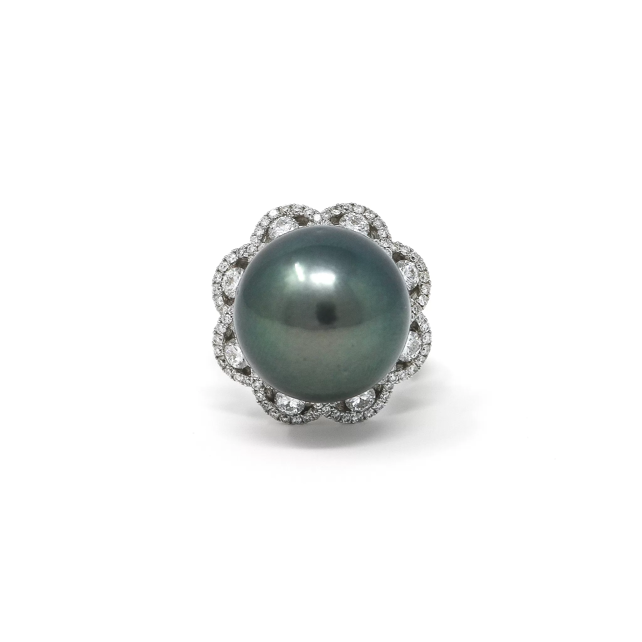 Floral Diamond Tahitian Pearl Ring in 18K White Gold