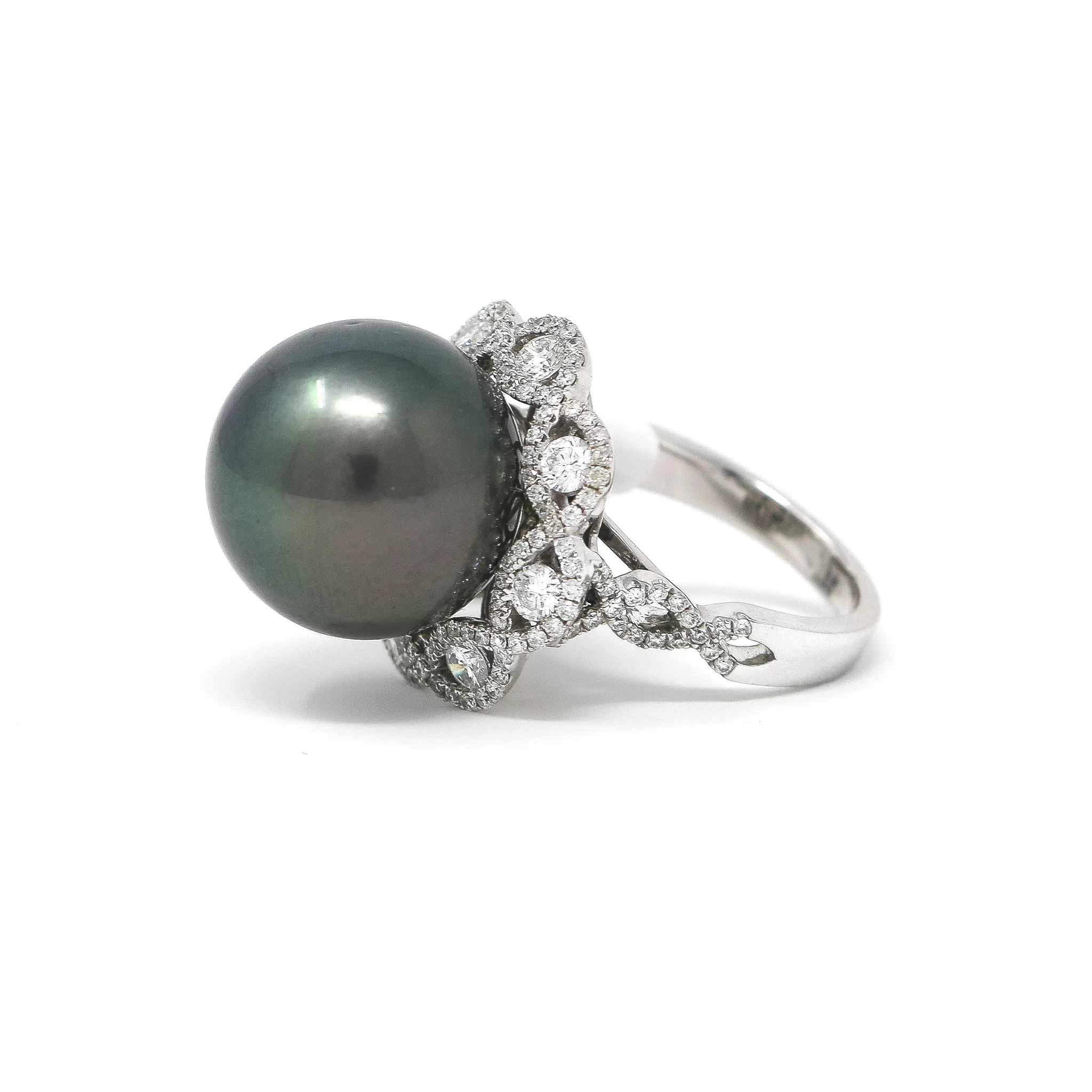 Floral Diamond Tahitian Pearl Ring in 18K White Gold