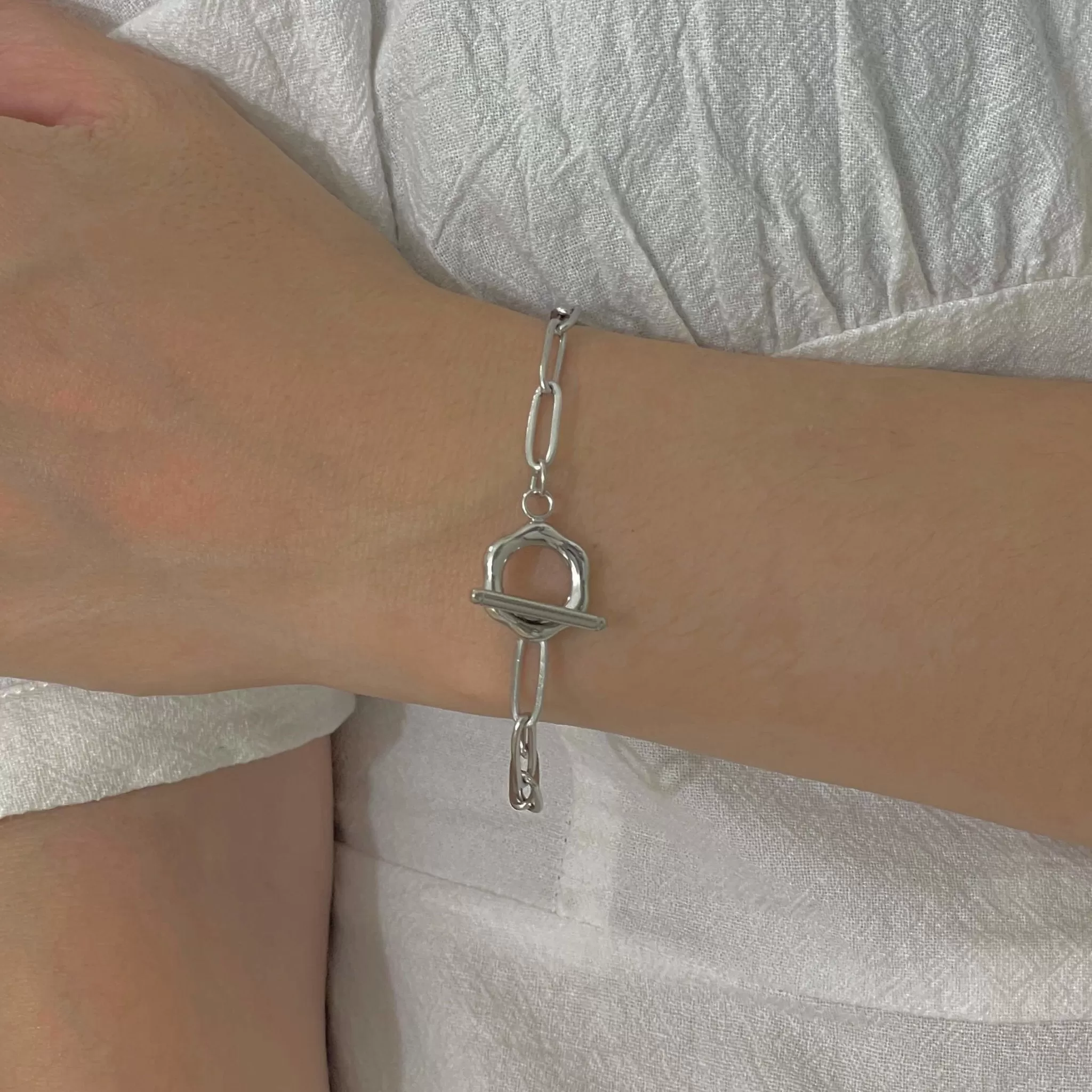 Flower Toggle Paperclip Bracelet Silver