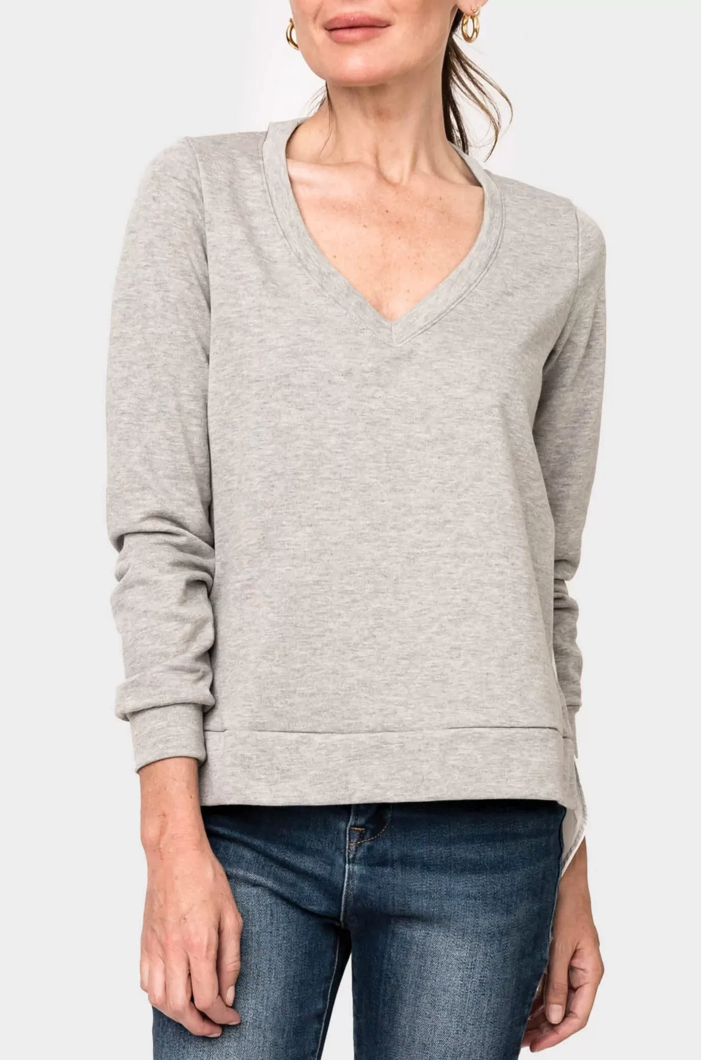 French Terry V-Neck Sweatshirt with Poplin Back