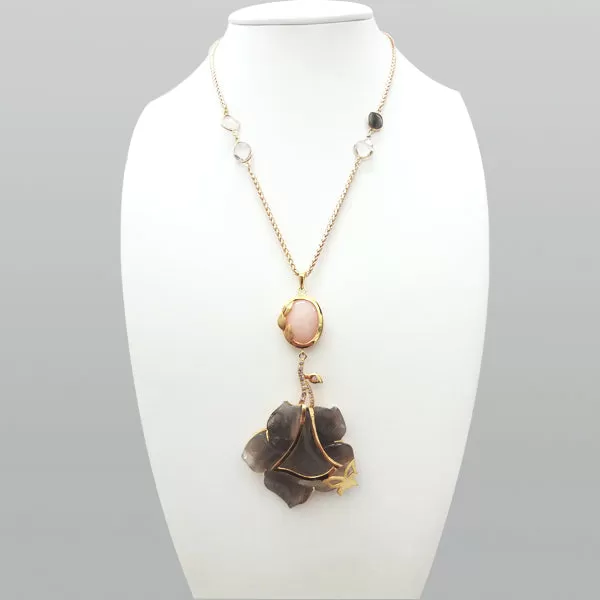 'Full Bloom' Necklace with Pink Opal , Amethyst and carved flower Druzy Agate Geode