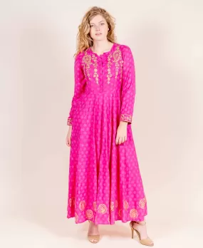 Full Sleeves Fuchsia Flared Hand Block Printed Rayon Dress