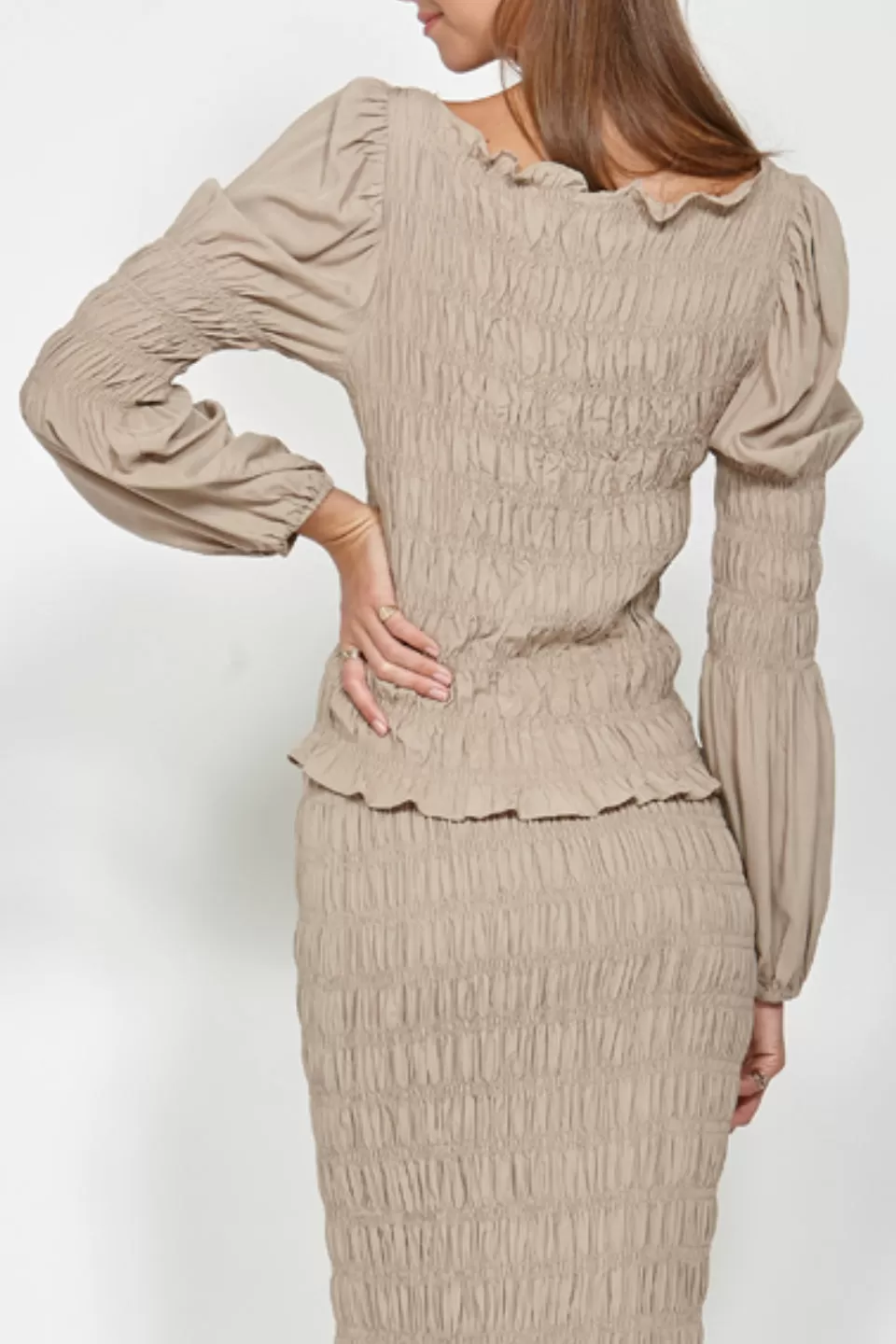 Gather Rouched Long Puff Sleeve Sand Top