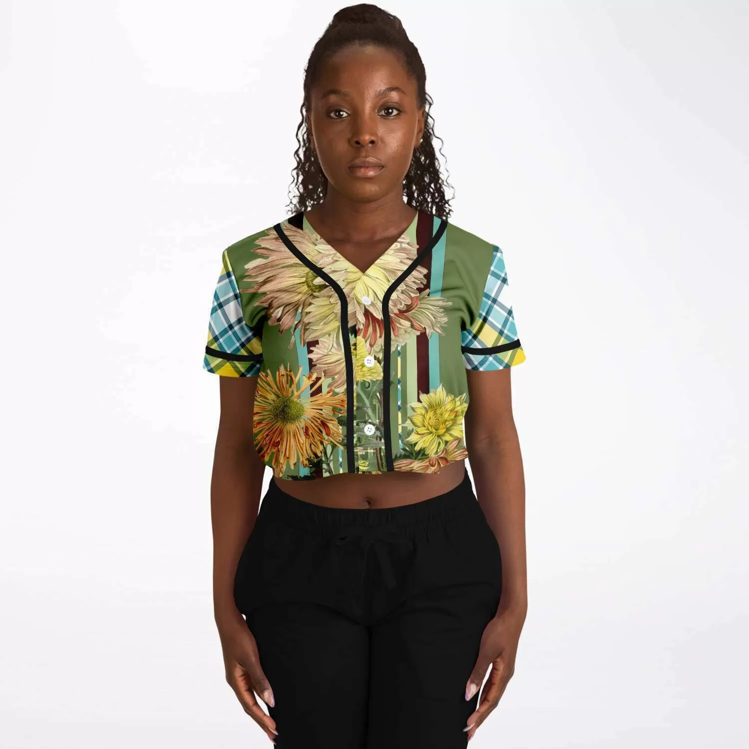 Green Caravan Floral Cropped Button Front Jersey