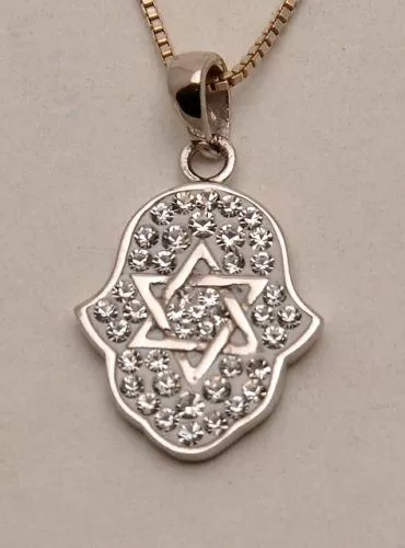 Hamsa Silver Pendant With White Gemstones   925 Sterling Silver Chain #11