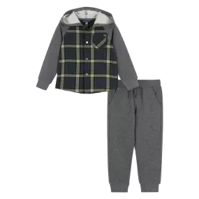 Infant Green Plaid Hooded Flannel Buttondown Set  | Green