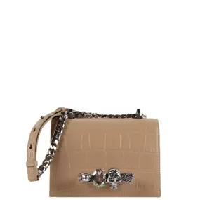 Jewelled Knuckle Satchel Small Glossy Croc, Camel/Silver