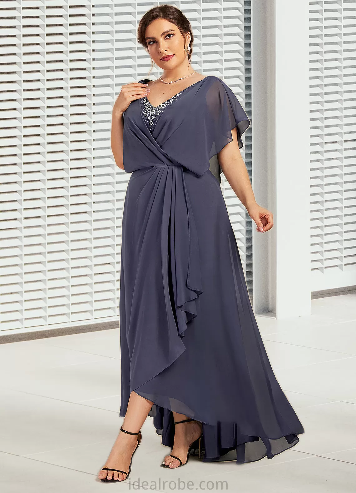 Kennedy A-Line V-neck Asymmetrical Chiffon Mother of the Bride Dress With Beading Sequins STK126P0014541