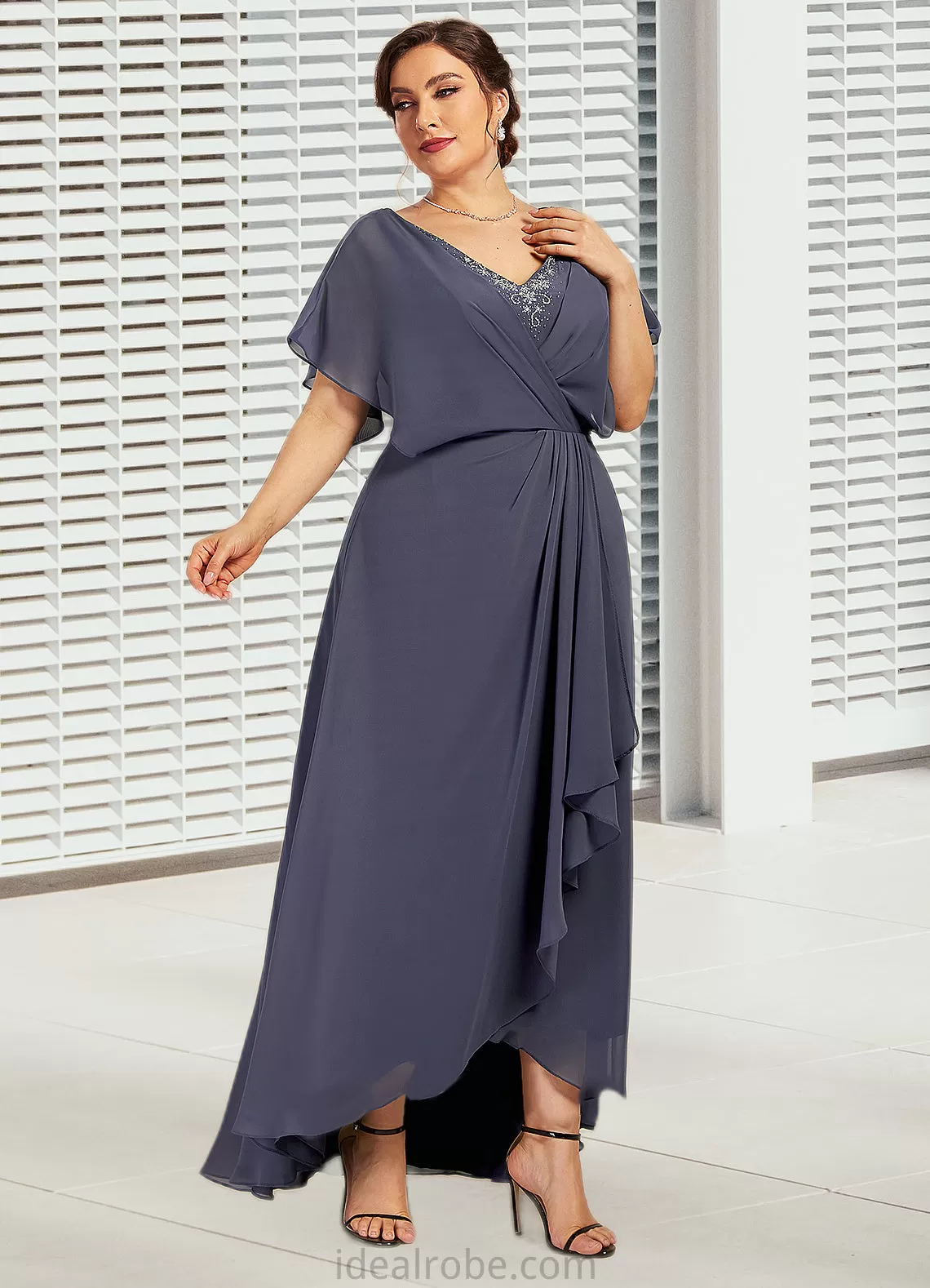 Kennedy A-Line V-neck Asymmetrical Chiffon Mother of the Bride Dress With Beading Sequins STK126P0014541