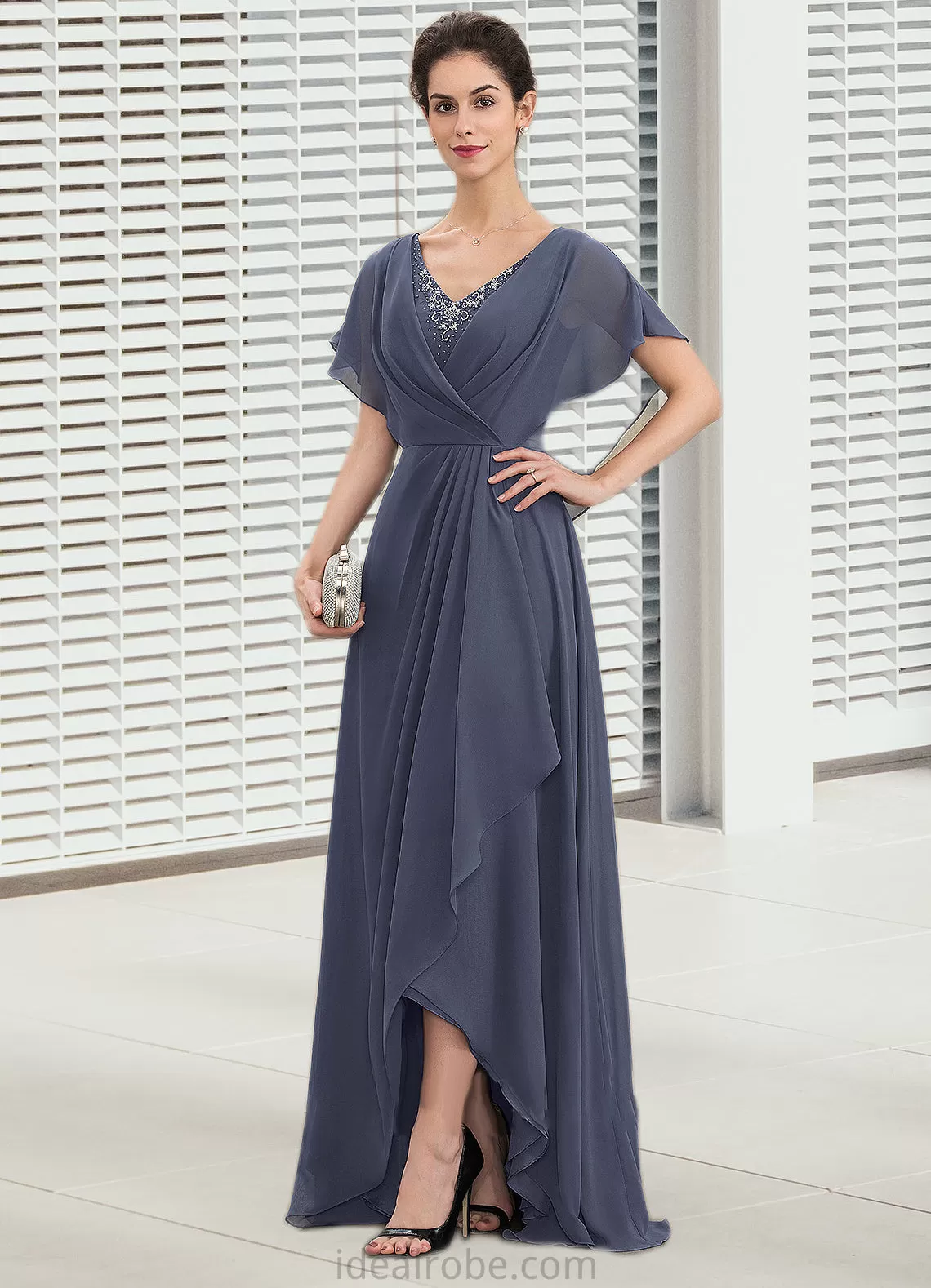 Kennedy A-Line V-neck Asymmetrical Chiffon Mother of the Bride Dress With Beading Sequins STK126P0014541