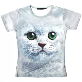 Kitty Cat Big Face Green Eyes Animal Print Graphic Tee T-Shirt in Grey for Women