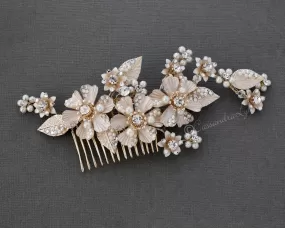 Matte Metal Flowers and Pearls Comb