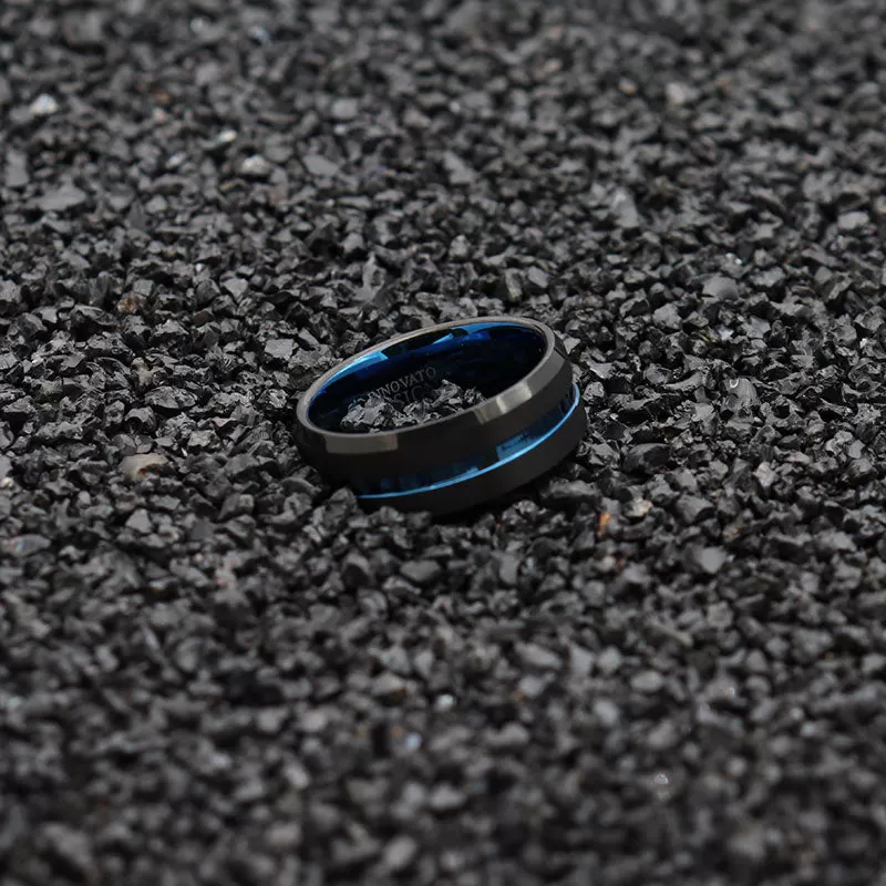 Men 10mm Black Matte Finish Tungsten Carbide Ring Blue Beveled Edge Wedding Band