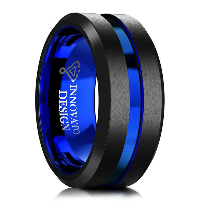 Men 10mm Black Matte Finish Tungsten Carbide Ring Blue Beveled Edge Wedding Band