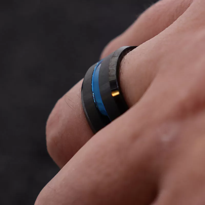 Men 10mm Black Matte Finish Tungsten Carbide Ring Blue Beveled Edge Wedding Band