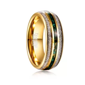 Men 8mm Green Inlay Meteorite Tungsten Electric Gold Ring