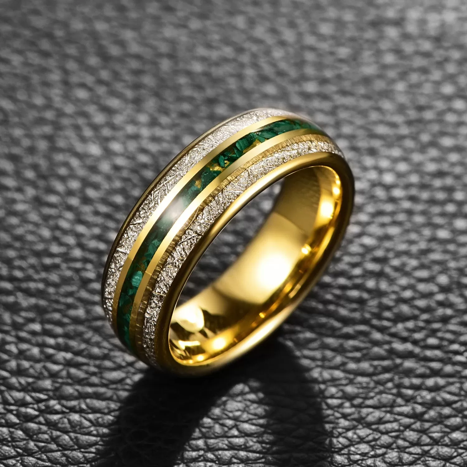 Men 8mm Green Inlay Meteorite Tungsten Electric Gold Ring