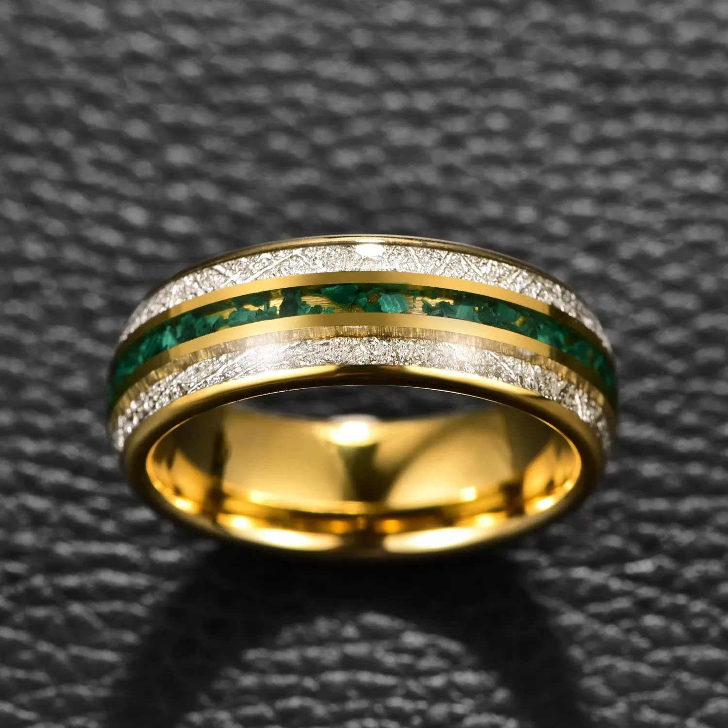 Men 8mm Green Inlay Meteorite Tungsten Electric Gold Ring