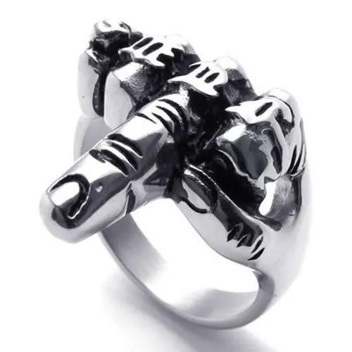 Men Biker Finger Up Stainless Steel Ring Black