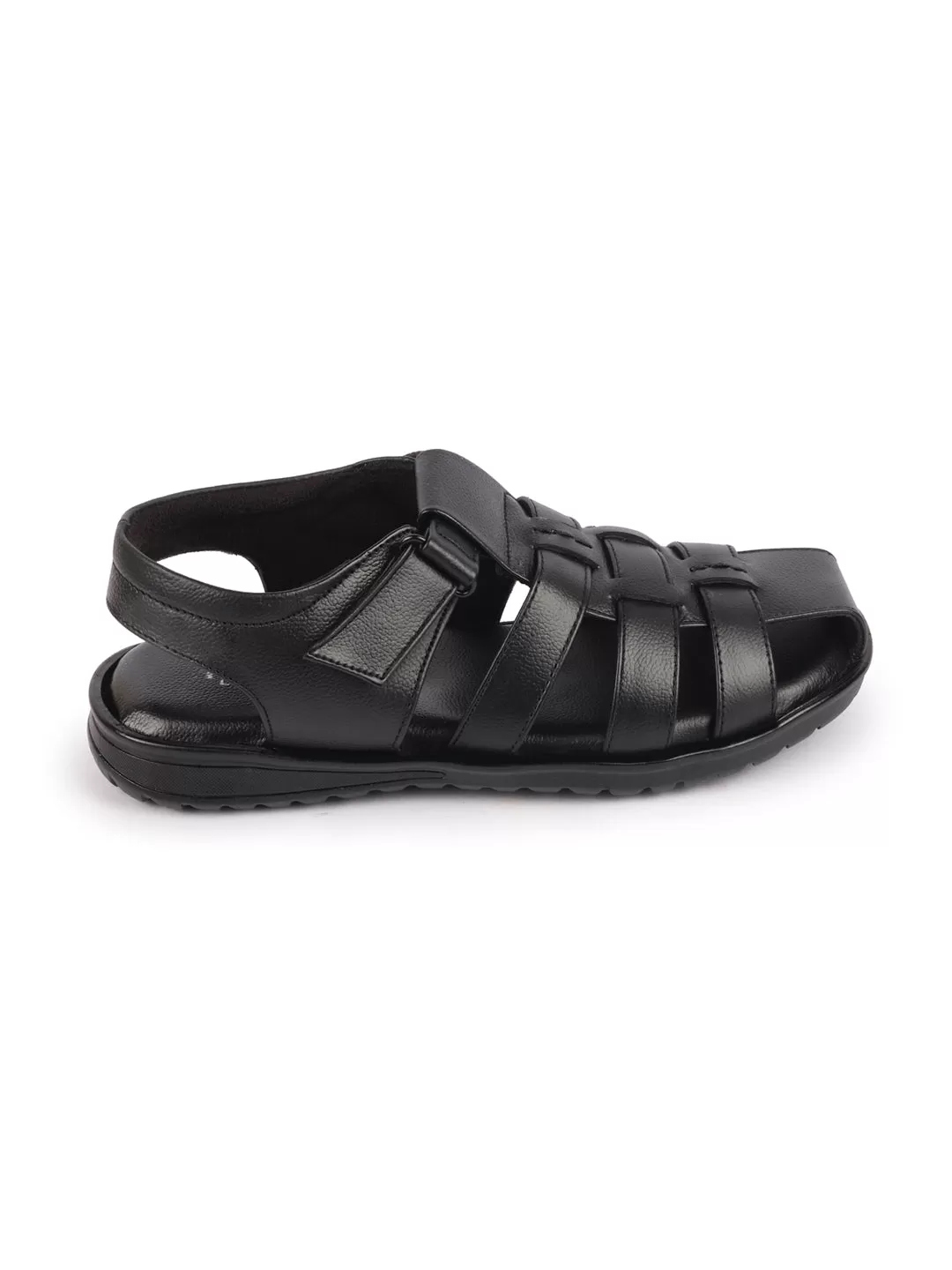 Men Black Genuine Leather Multi Strap Closed Toe Roman Sandals