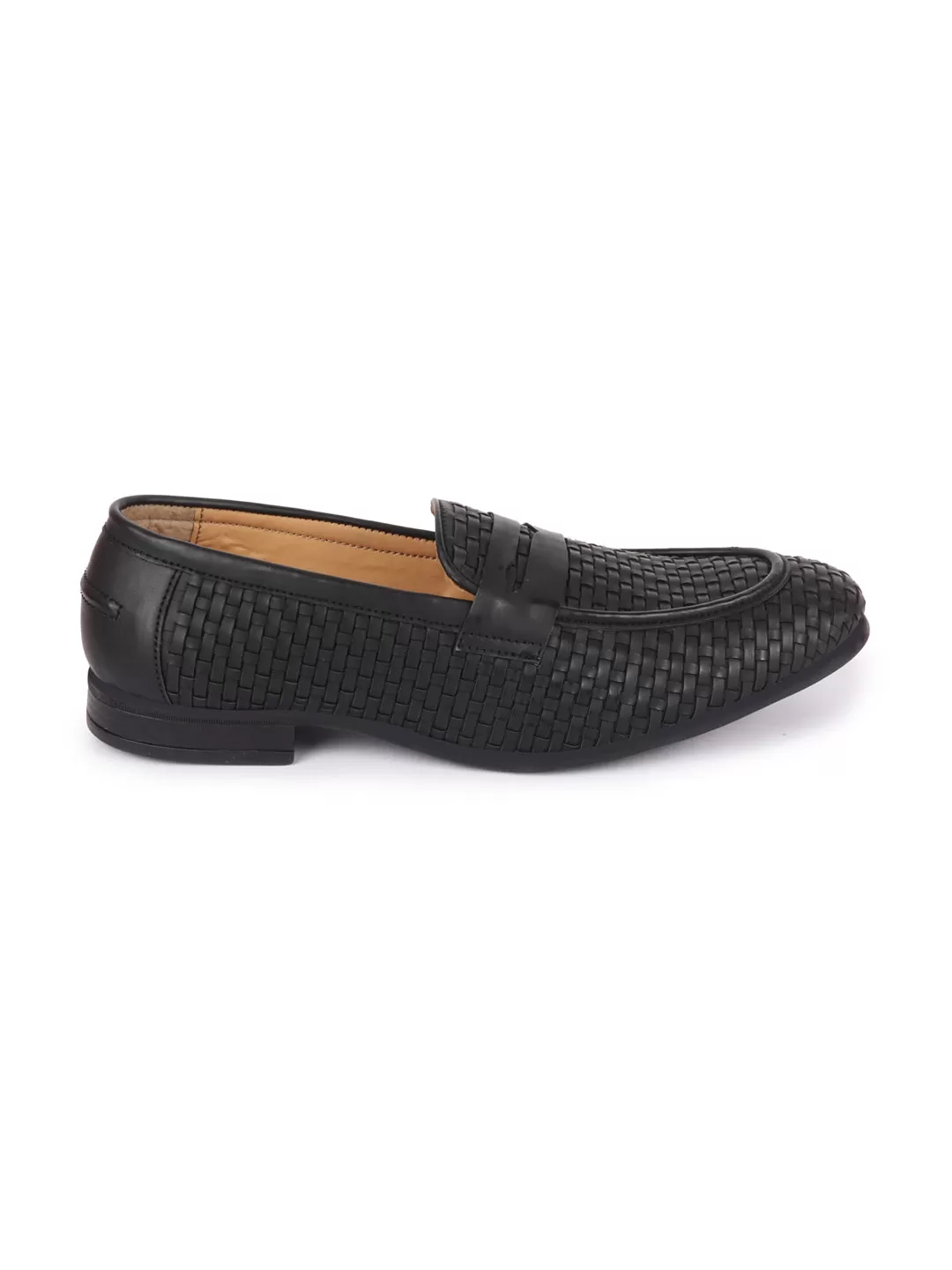 Men Black Hand Knitted Design Penny Loafer Slip On Shoes