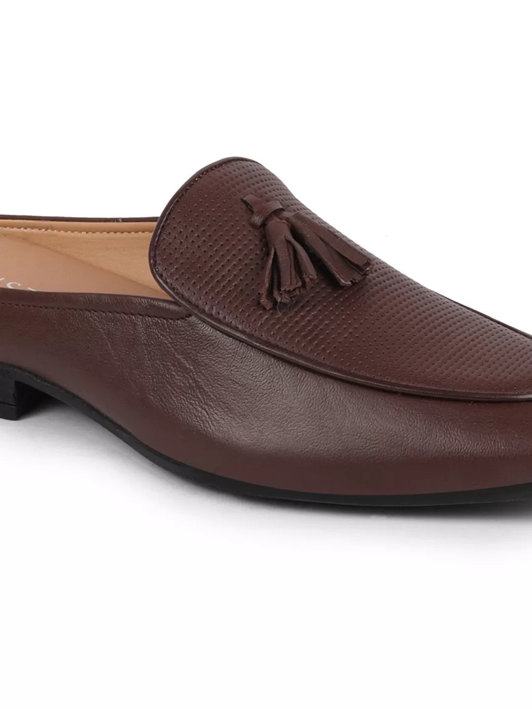 Men Brown Back Open Tassle Leather Slip On Shoes